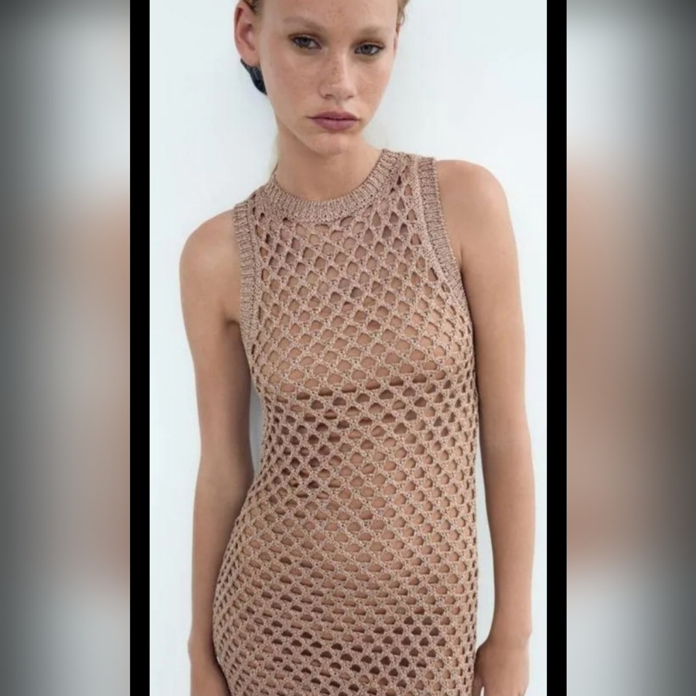 Zara Metallic Crochet Fishnet Midi Dress Gold Open Knit Cover Up Size Small - Picture 15 of 16